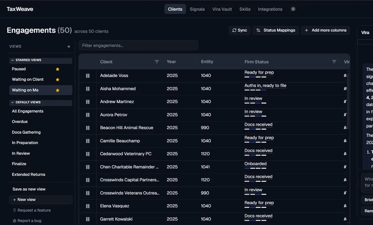 The TaxWeave engagements list: fifty clients with year, entity type and firm status, beside saved views for paused, waiting on client, and waiting on me.